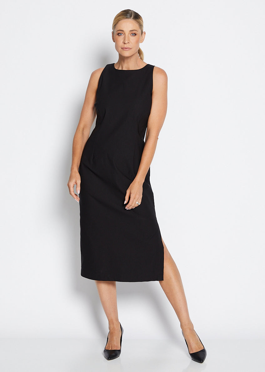 Philosophy Australia Tiffany super stretch Bengaline midi sheath dress in black, made in Australia