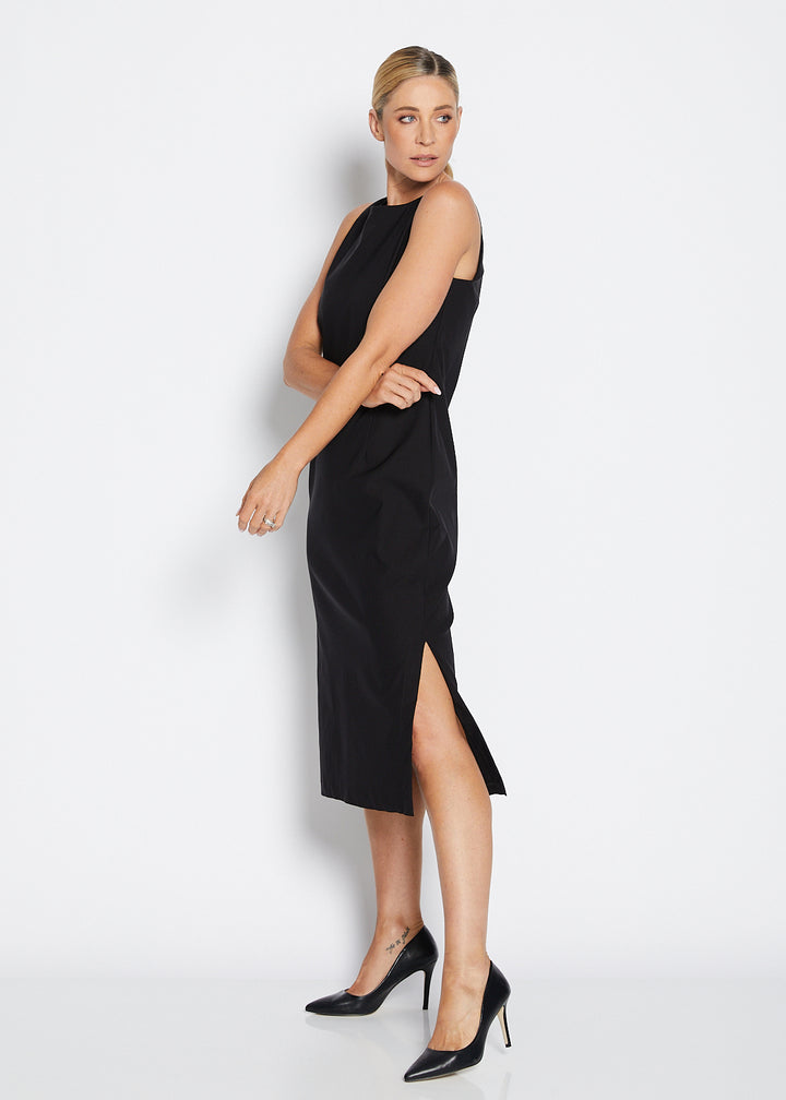 Philosophy Australia Tiffany super stretch Bengaline midi sheath dress in black, made in Australia