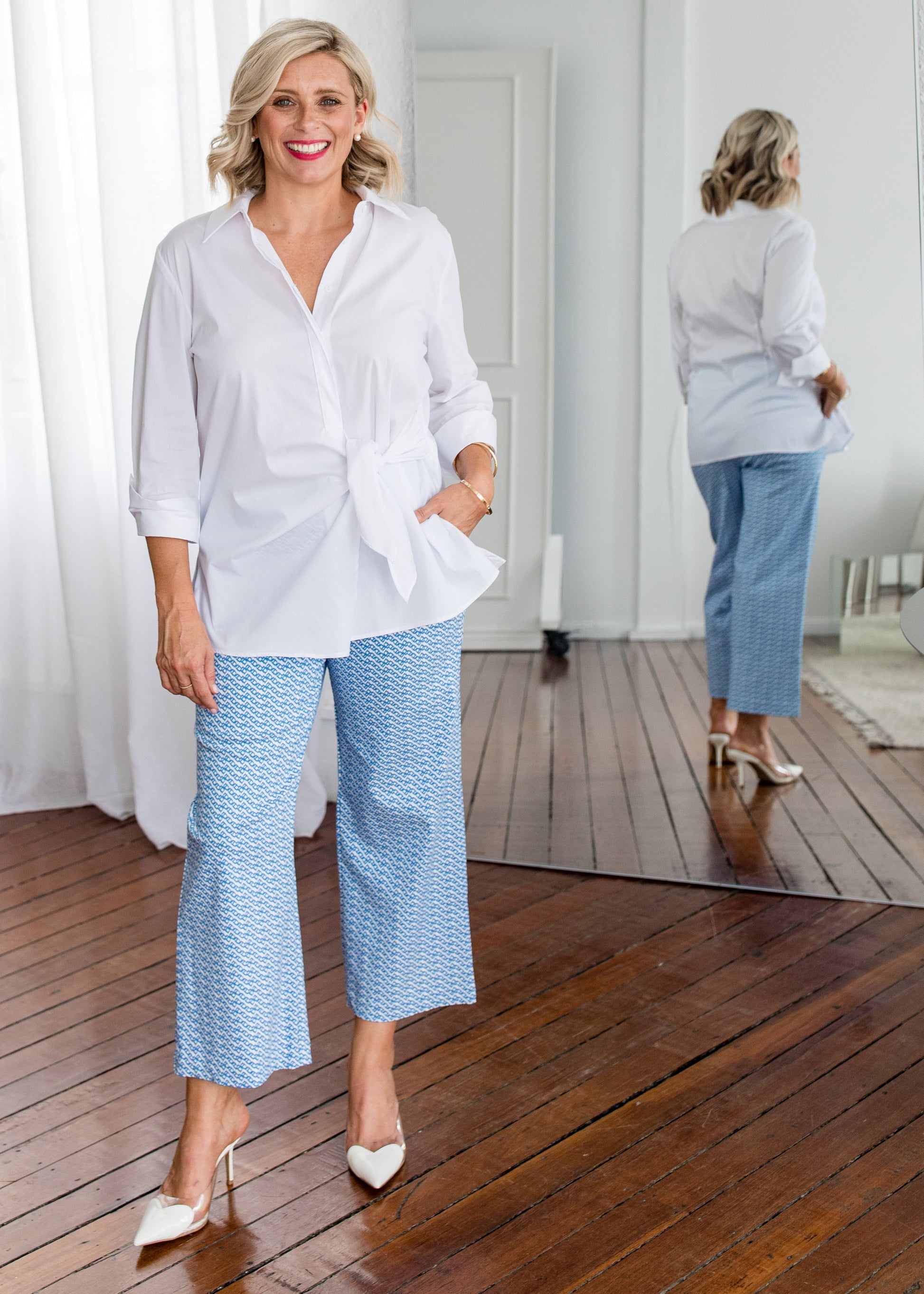 Bengaline Stretch Culotte with Pockets in Blue and White Print