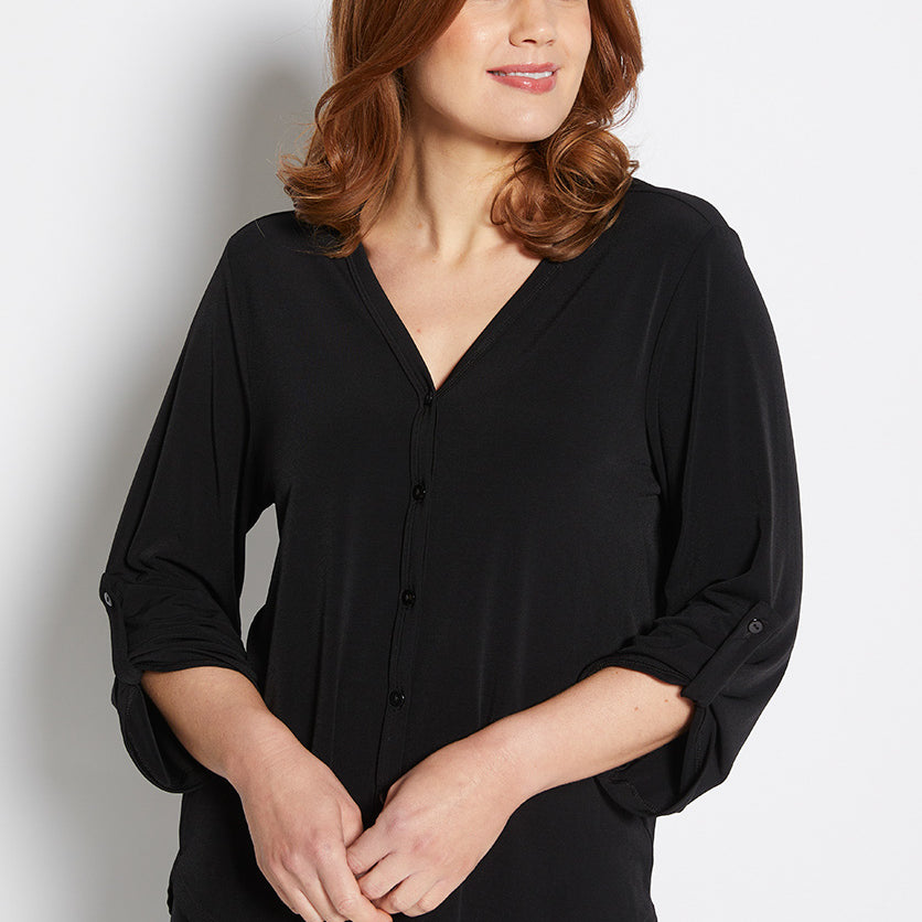 Uber Foundation Jersey Women's Button-down Blouse with a v-neckline in black.