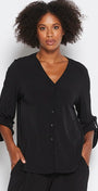 Uber Foundation Jersey Women's Button-down Blouse with a v-neckline in black.