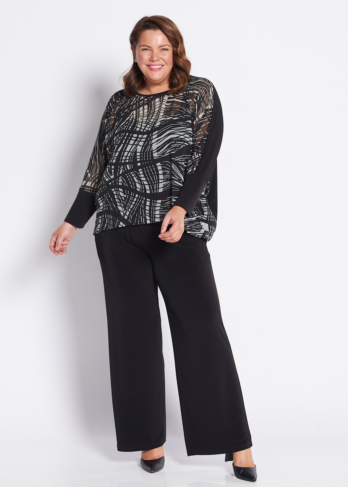 Chiffon and Jersey Spliced Blouse in Green Black Print