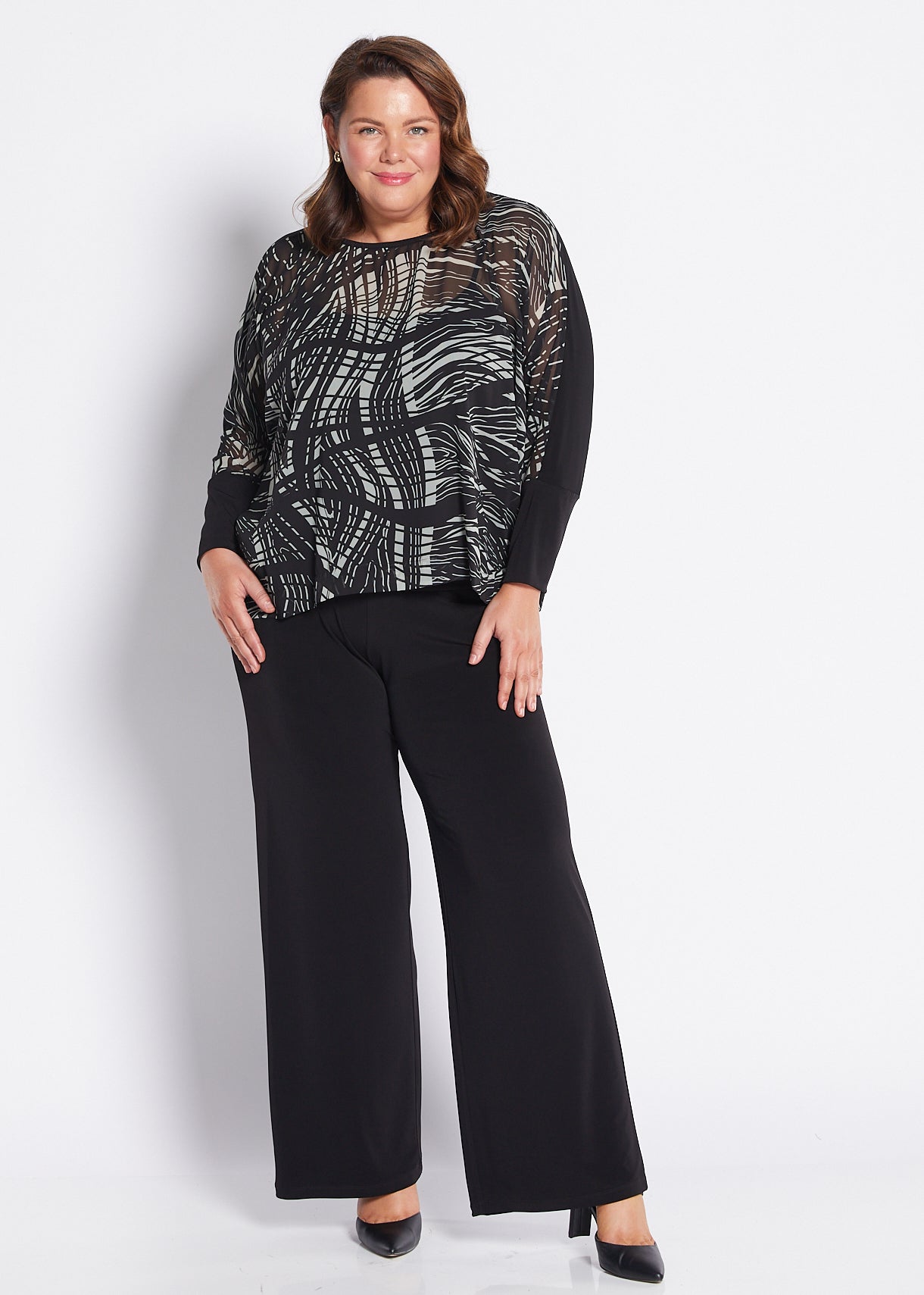 Chiffon and Jersey Spliced Blouse in Green Black Print