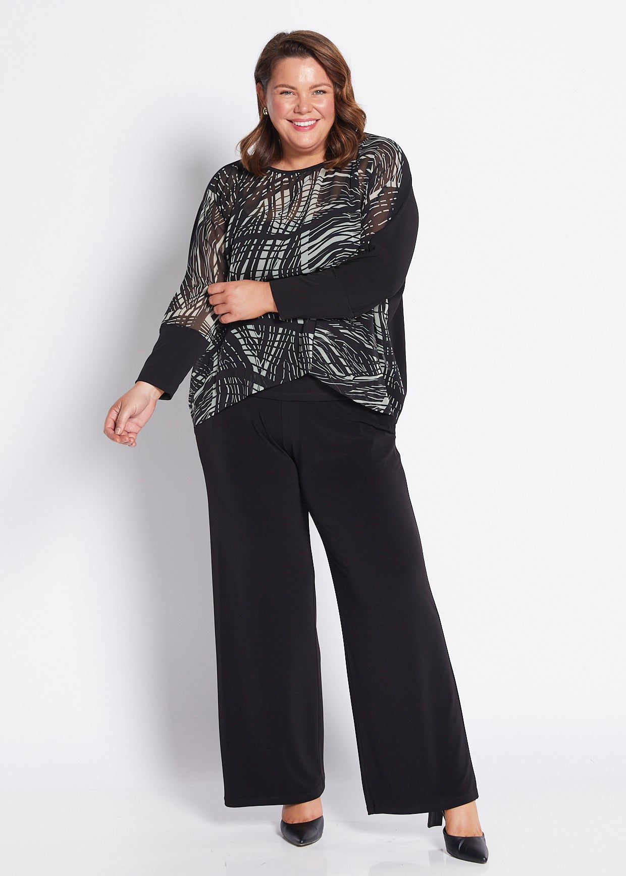 Chiffon and Jersey Spliced Blouse in Green Black Print