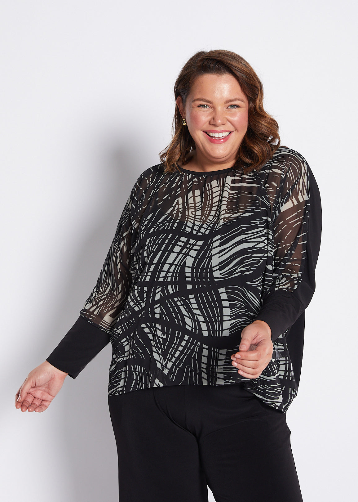 Chiffon and Jersey Spliced Blouse in Green Black Print