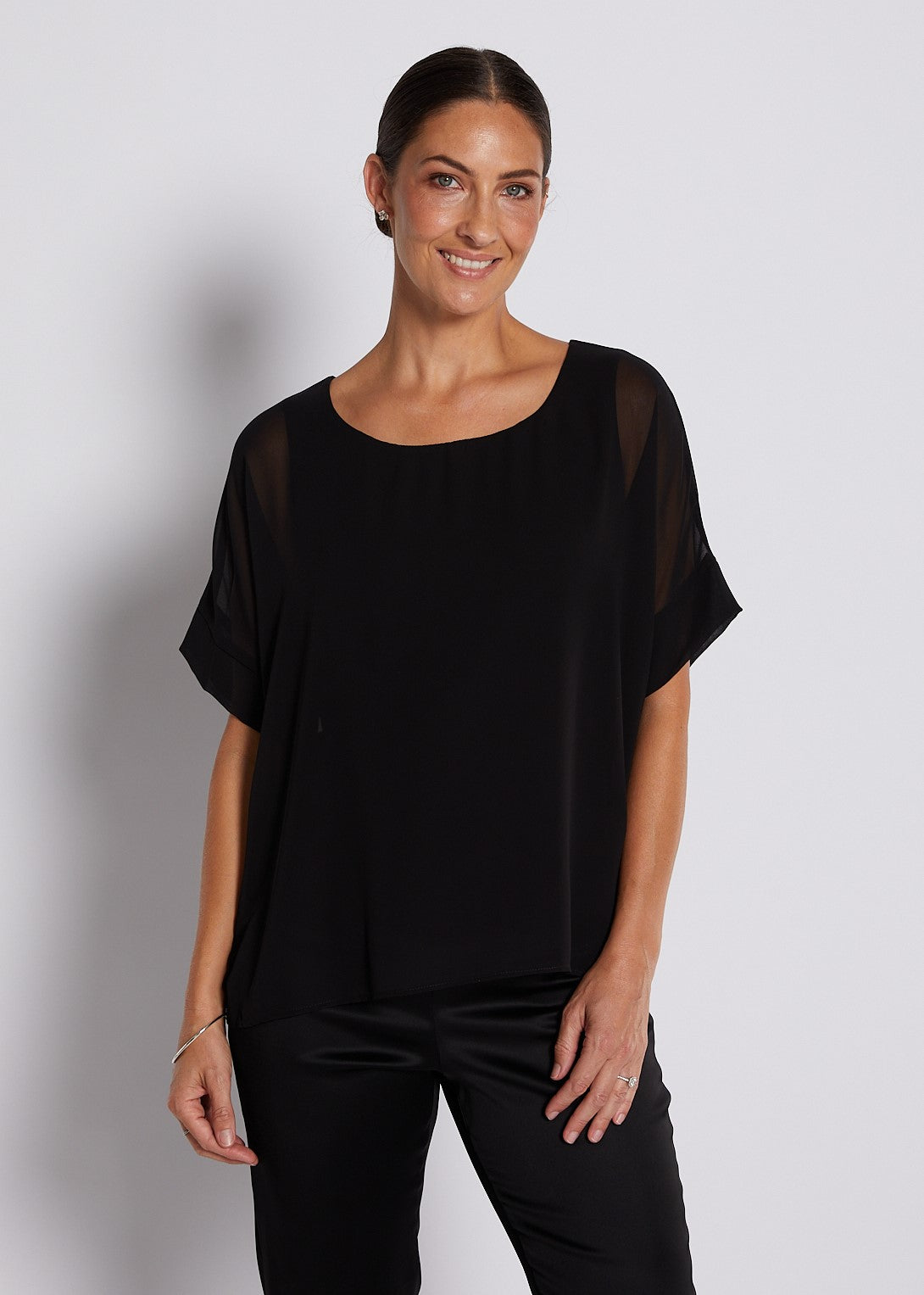Chiffon and Jersey Lined Elevated tee top in Black