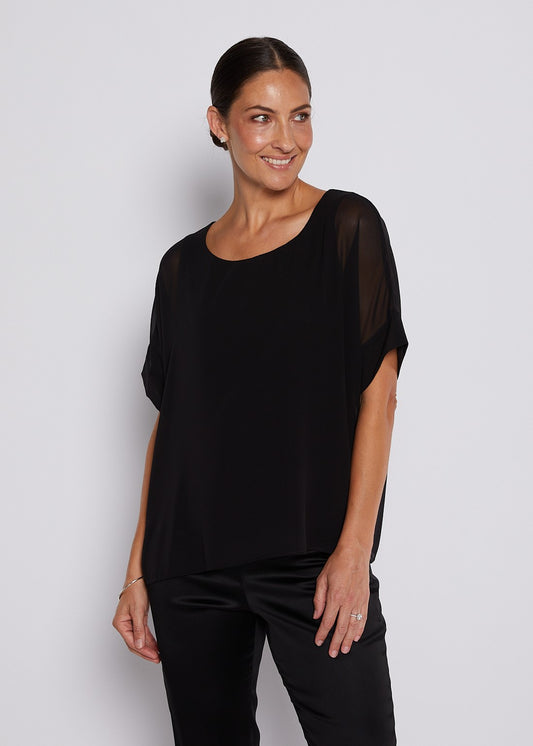 Chiffon and Jersey Lined Elevated tee top in Black