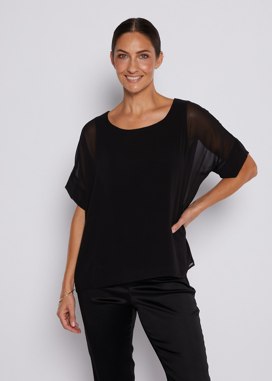 Chiffon and Jersey Lined Elevated tee top in Black