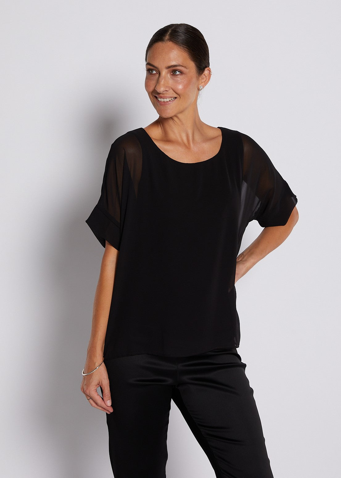 Chiffon and Jersey Lined Elevated tee top in Black