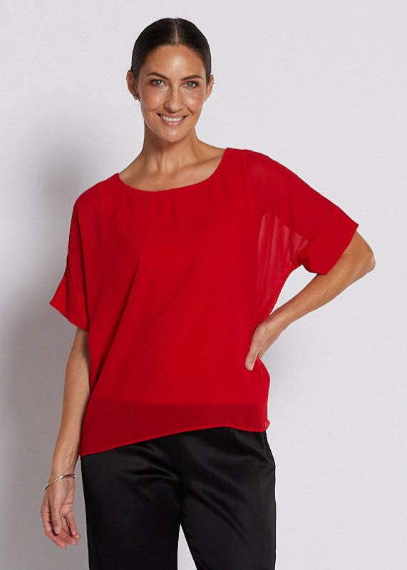 Chiffon and Jersey Lined Elevated Tee Top in Red