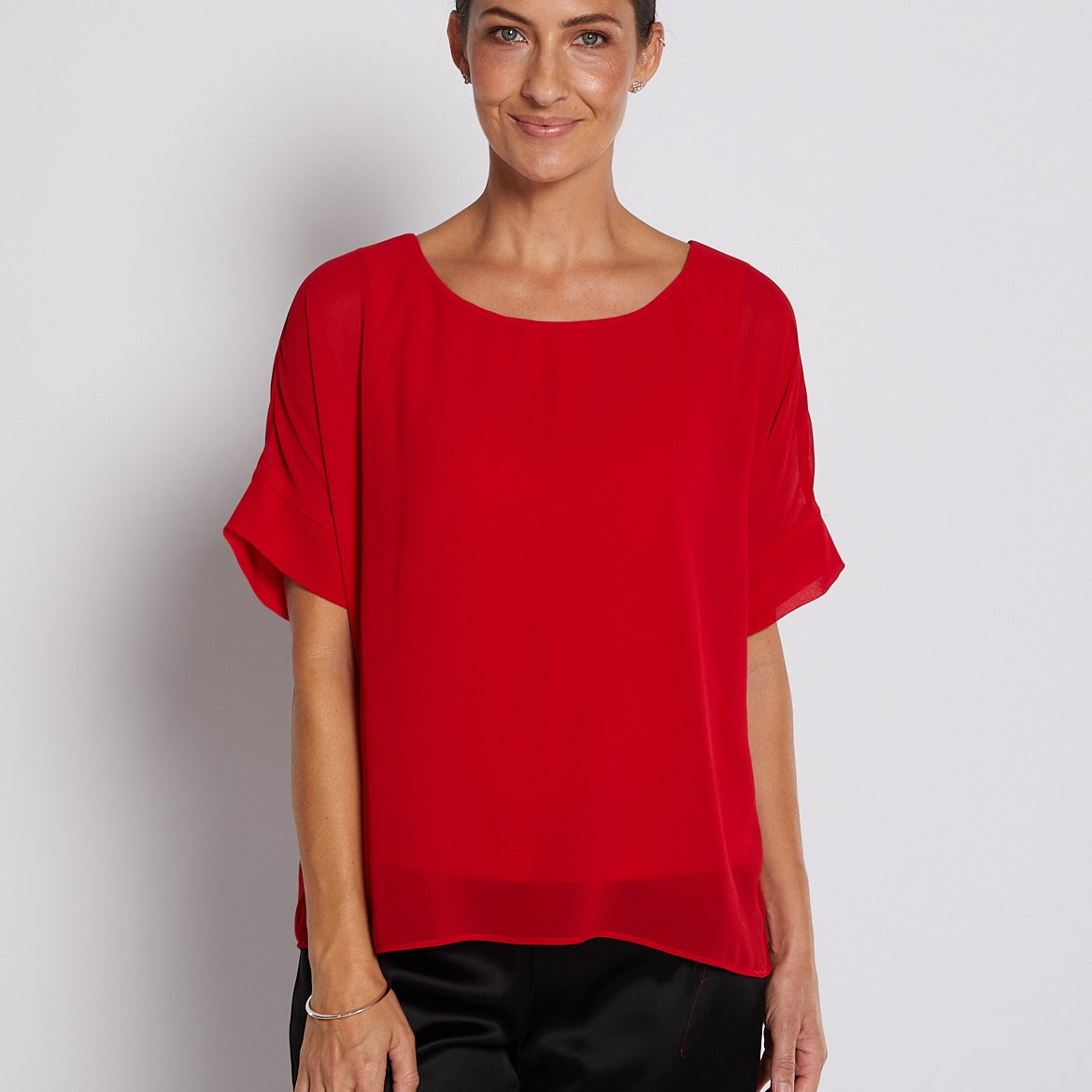 Chiffon and Jersey Lined Elevated Tee Top in Red