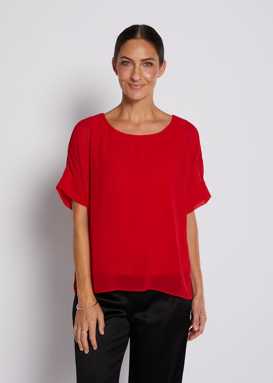 Chiffon and Jersey Lined Elevated Tee Top in Red