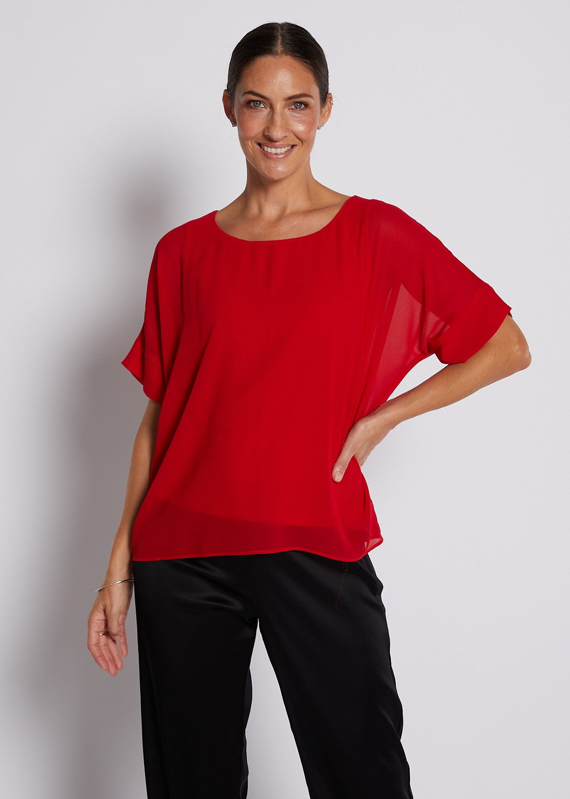 Chiffon and Jersey Lined Elevated Tee Top in Red
