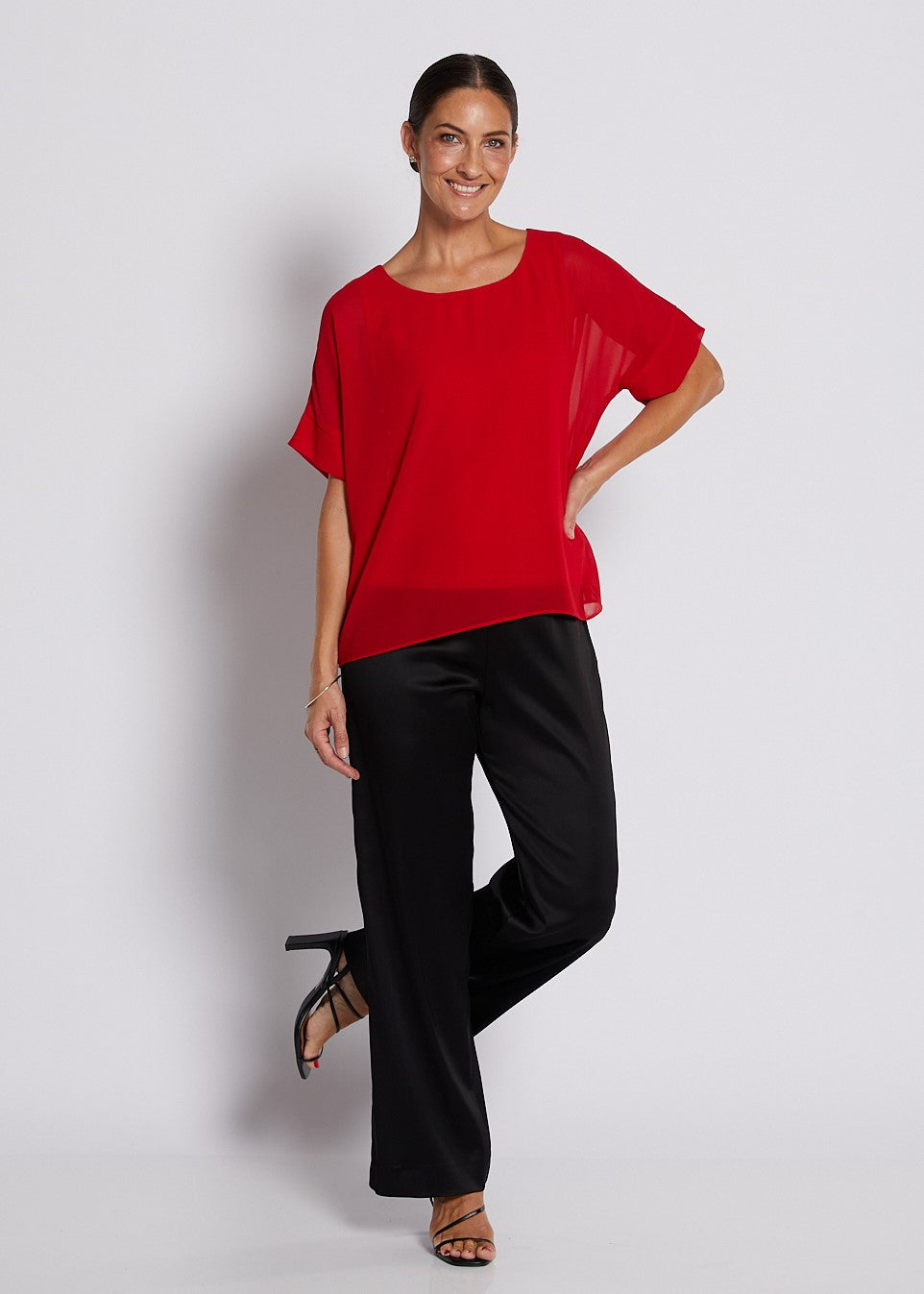 Chiffon and Jersey Lined Elevated Tee Top in Red
