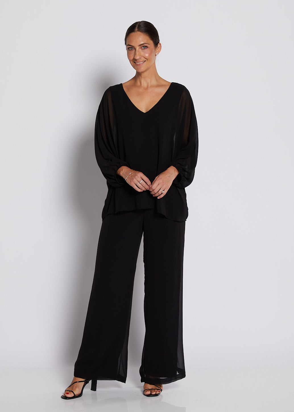 Chiffon and Jersey Lined Wide Leg Pants in Black