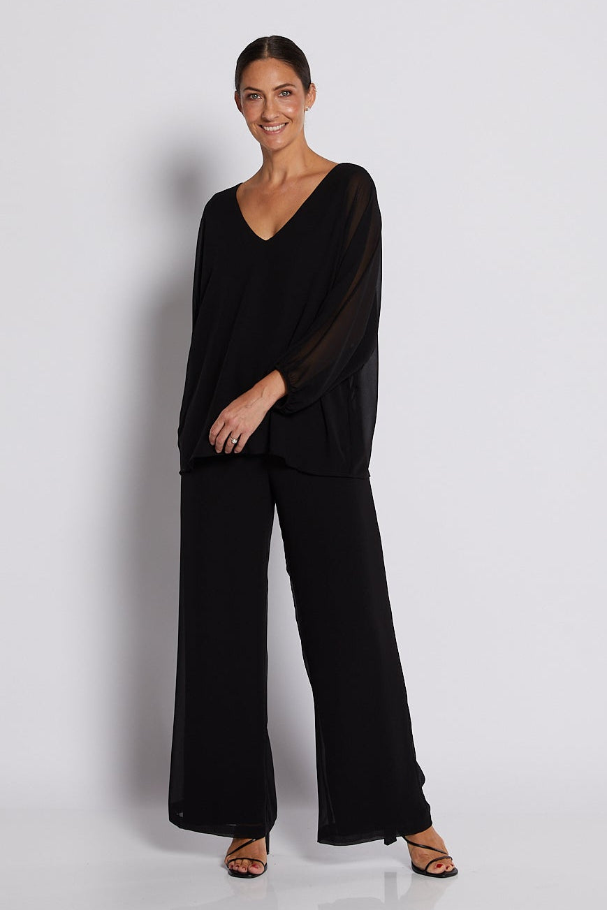 Chiffon and Jersey Lined Wide Leg Pants in Black