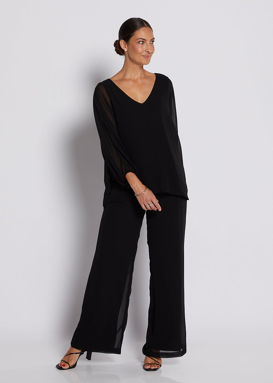 Chiffon and Jersey Lined Wide Leg Pants in Black