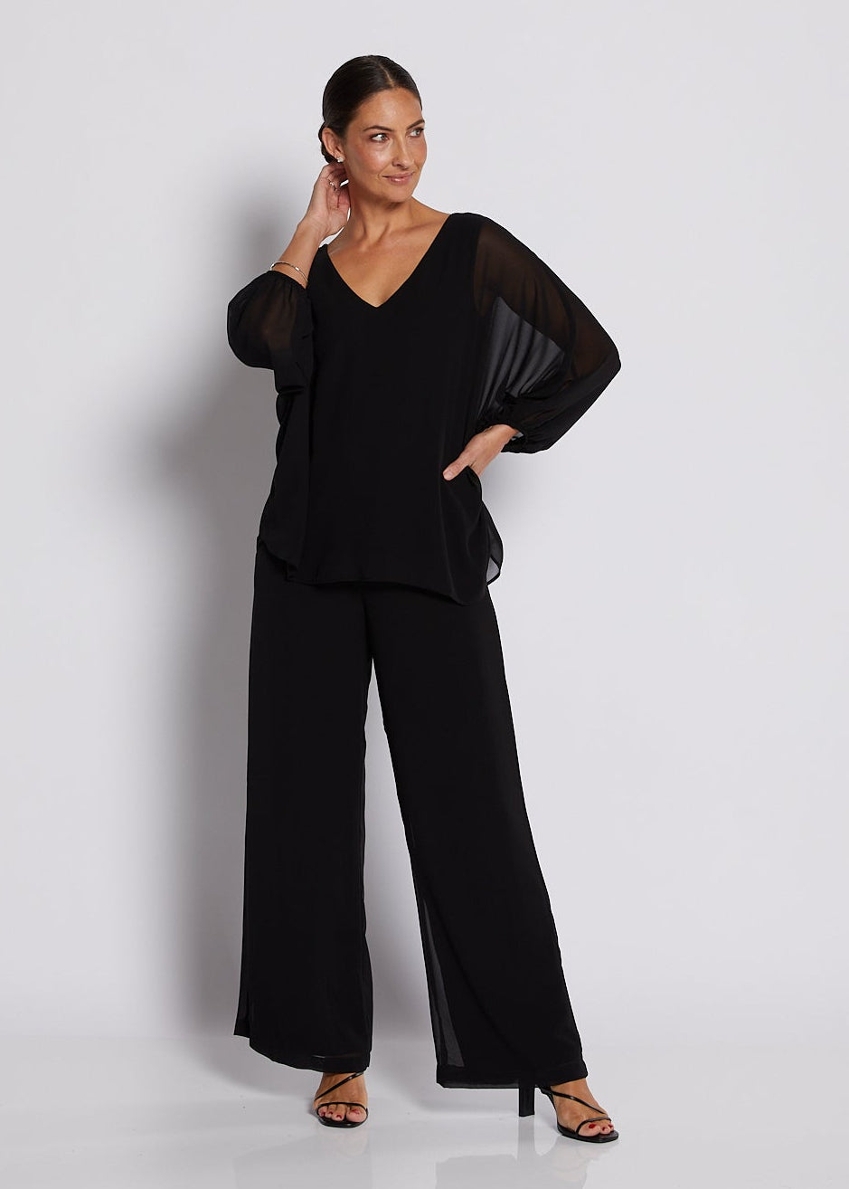 Chiffon and Jersey Lined Wide Leg Pants in Black