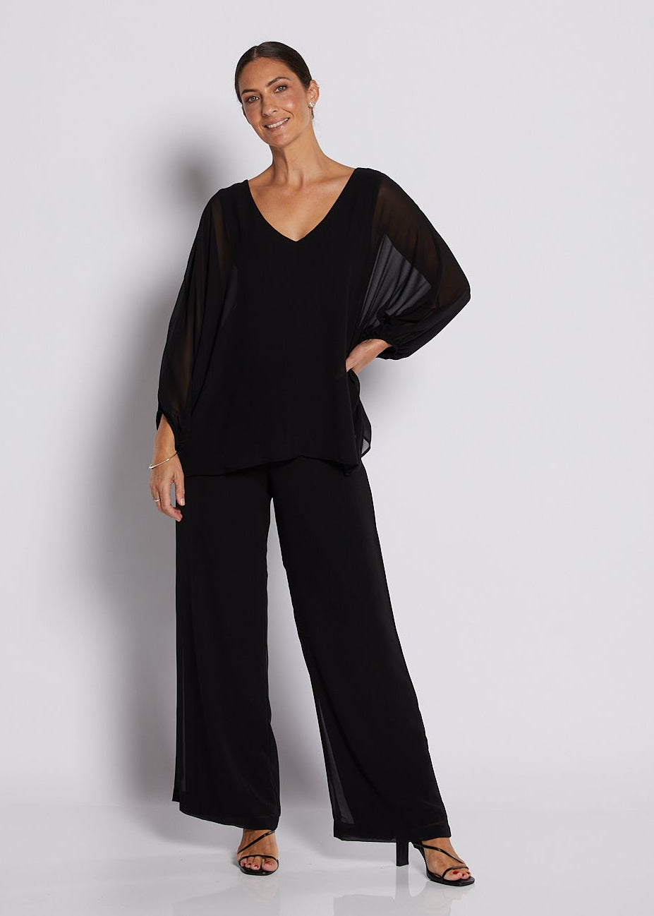 Chiffon and Jersey Lined Wide Leg Pants in Black