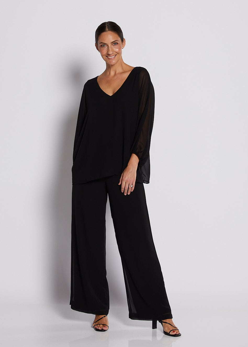 Chiffon and Jersey Lined Wide Leg Pants in Black