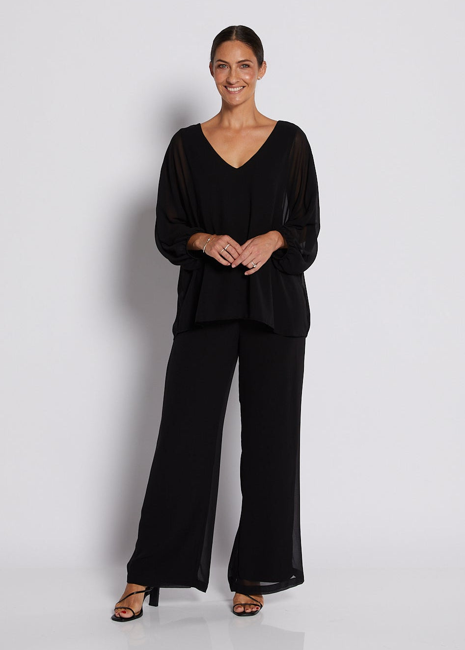 Chiffon and Jersey Lined Wide Leg Pants in Black