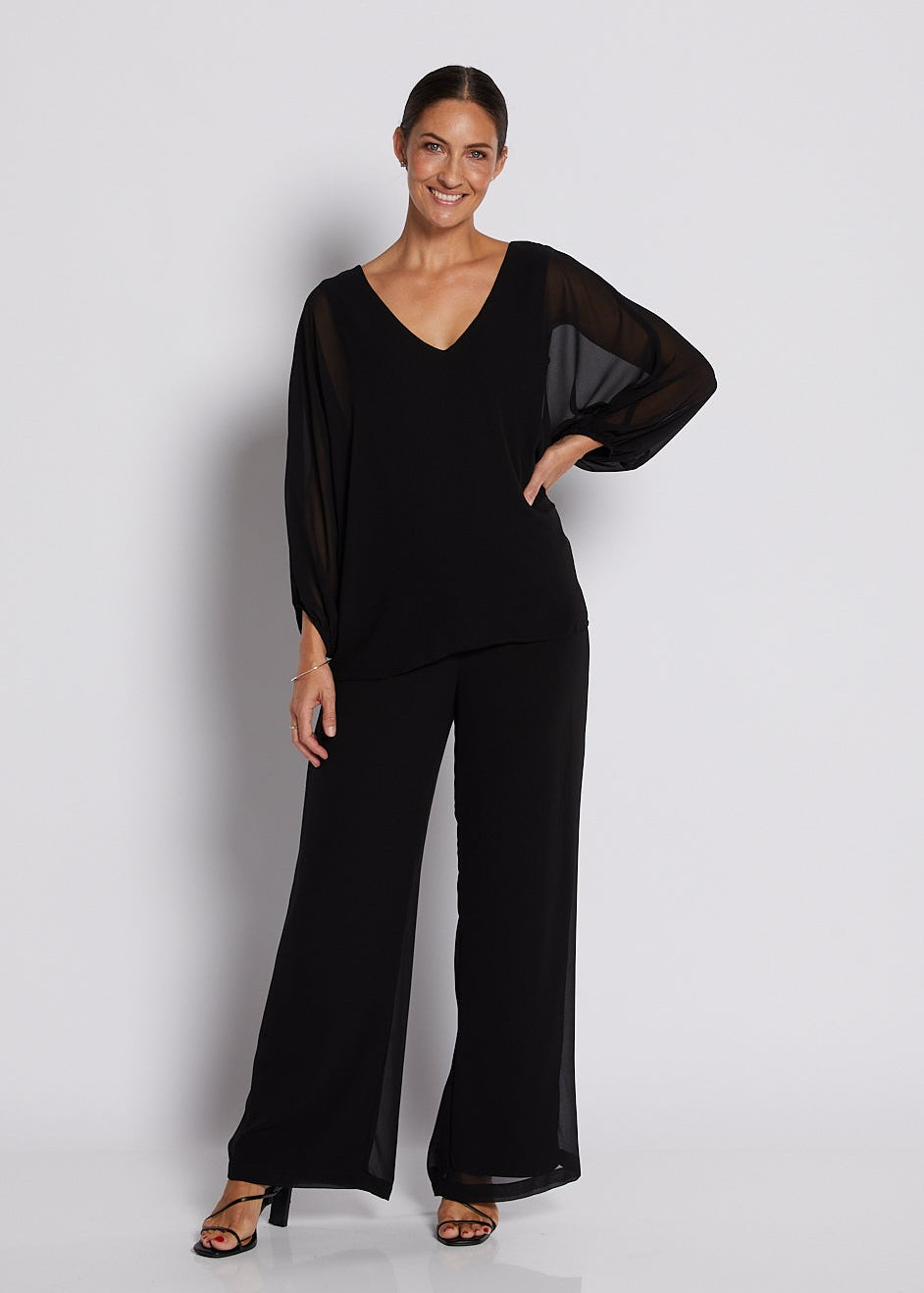 Chiffon and Jersey Lined Wide Leg Pants in Black