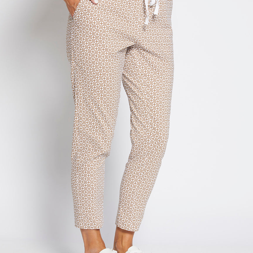 Philosophy Australia Weekend bengaline drawstring women's pant in praline tile print, made in Australia