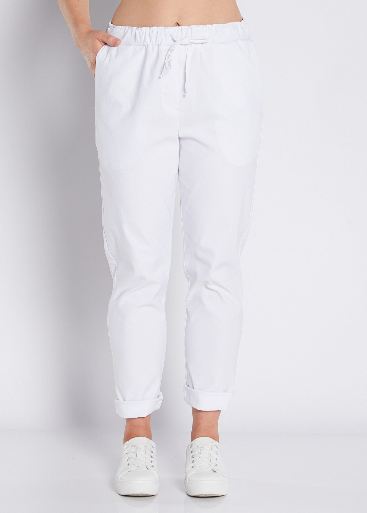 Bengaline Stretch Relaxed Drawstring Pant with Pockets in White