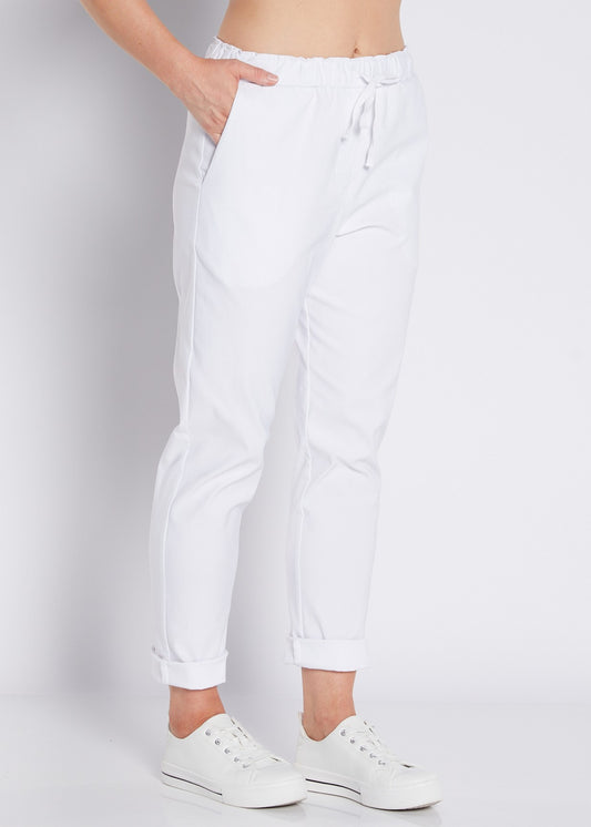 Bengaline Stretch Relaxed Drawstring Pant with Pockets in White