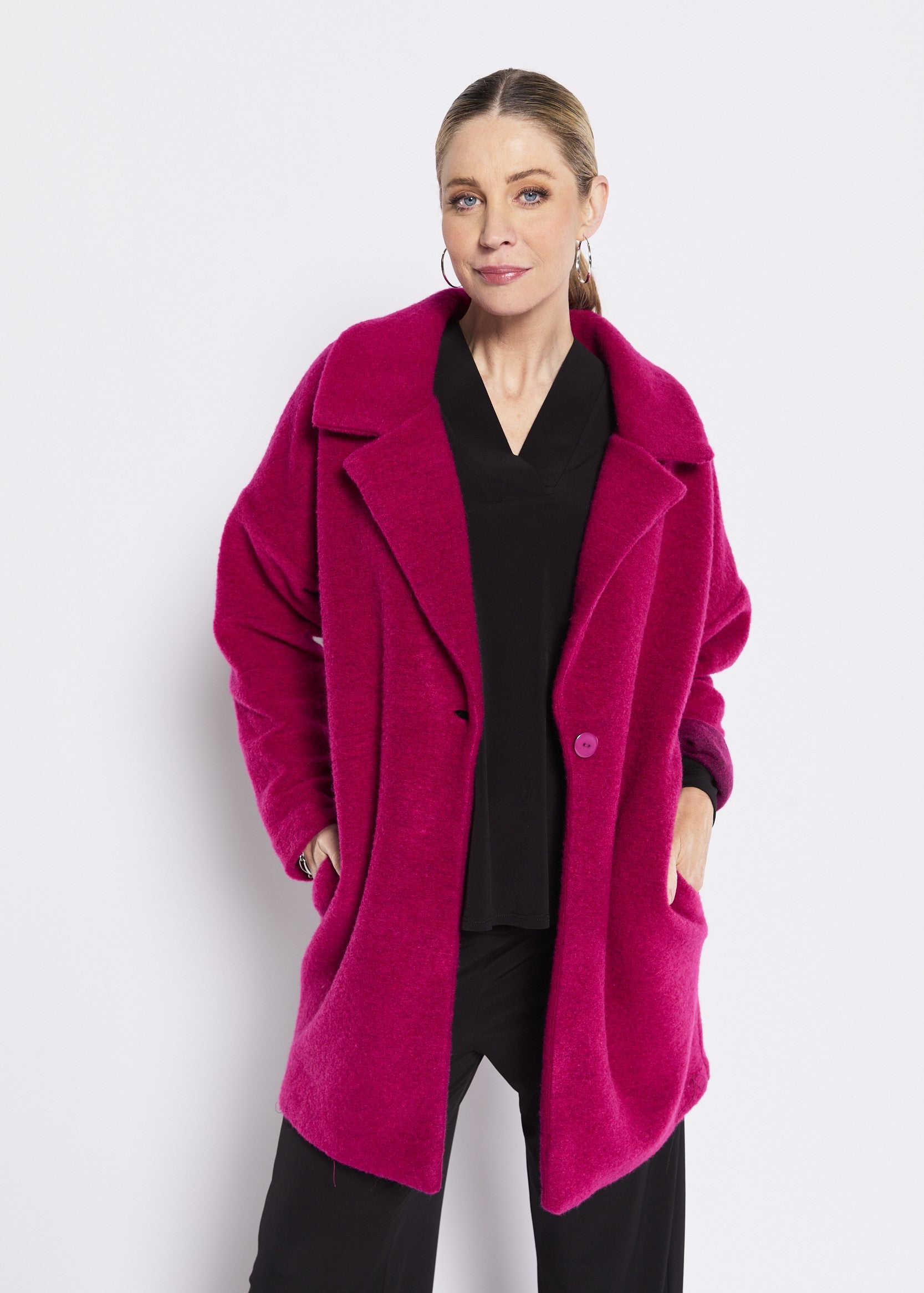 Wool Blend Boucle Cocoon Coat in Hot Pink