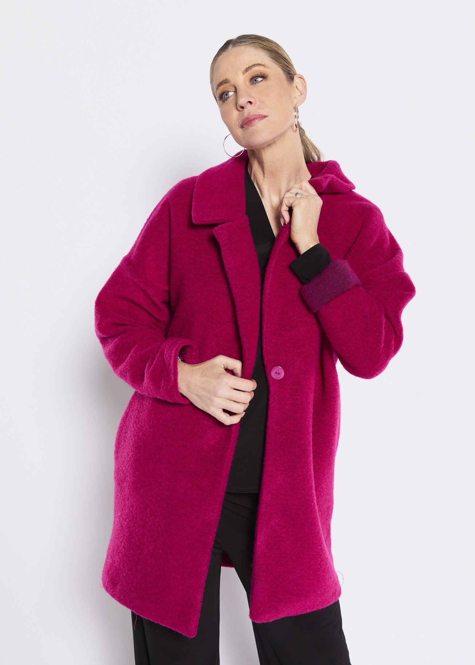 Wool Blend Boucle Cocoon Coat in Hot Pink