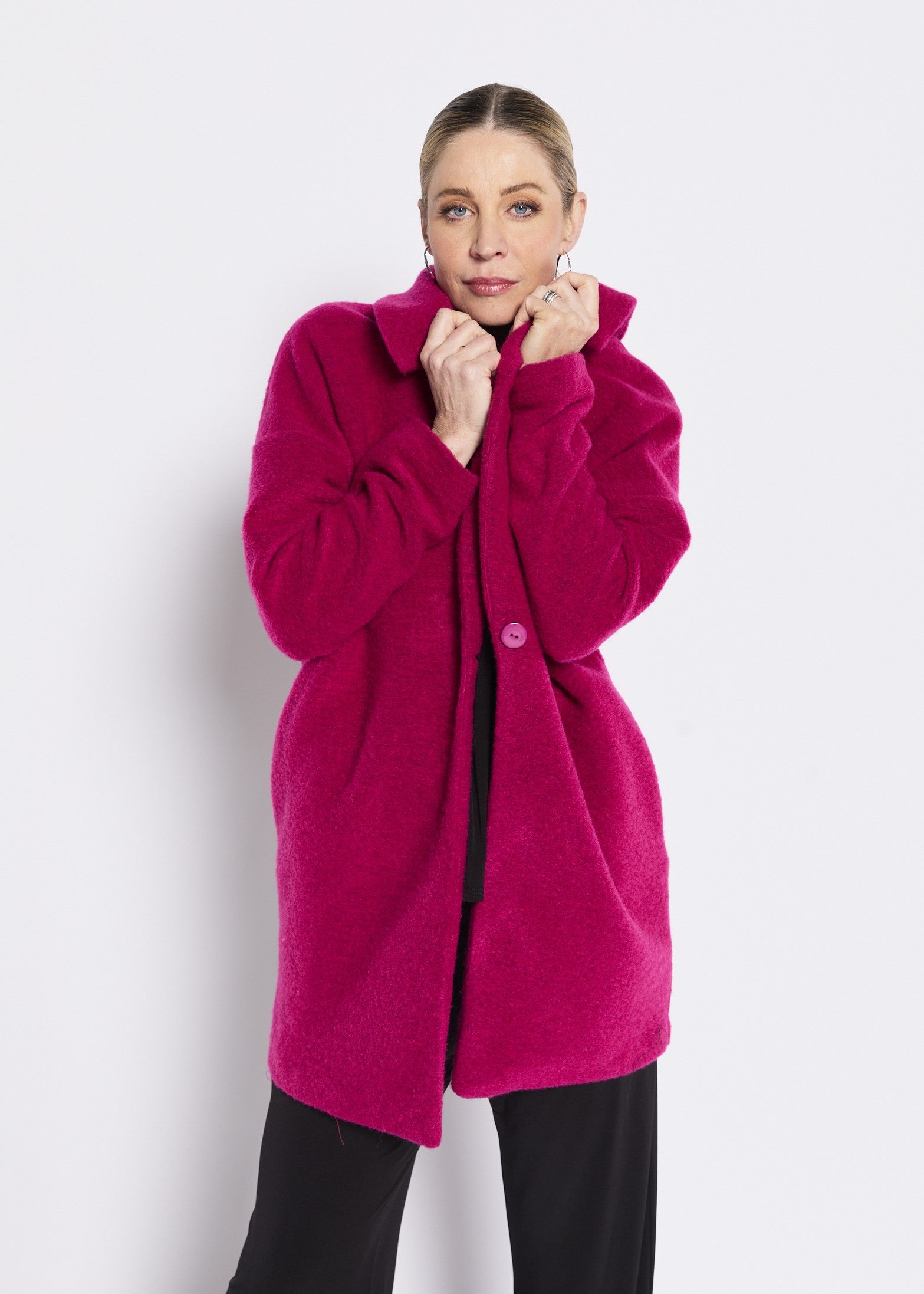 Wool Blend Boucle Cocoon Coat in Hot Pink