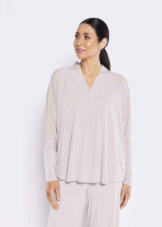 Bells Foundation slinky jersey V neck tunic in champagne, slow fashion made in Australia by Philosophy Australia