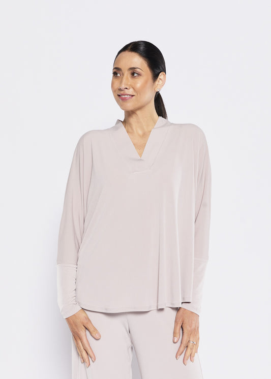 Bells Foundation slinky jersey V neck tunic in champagne, slow fashion made in Australia by Philosophy Australia