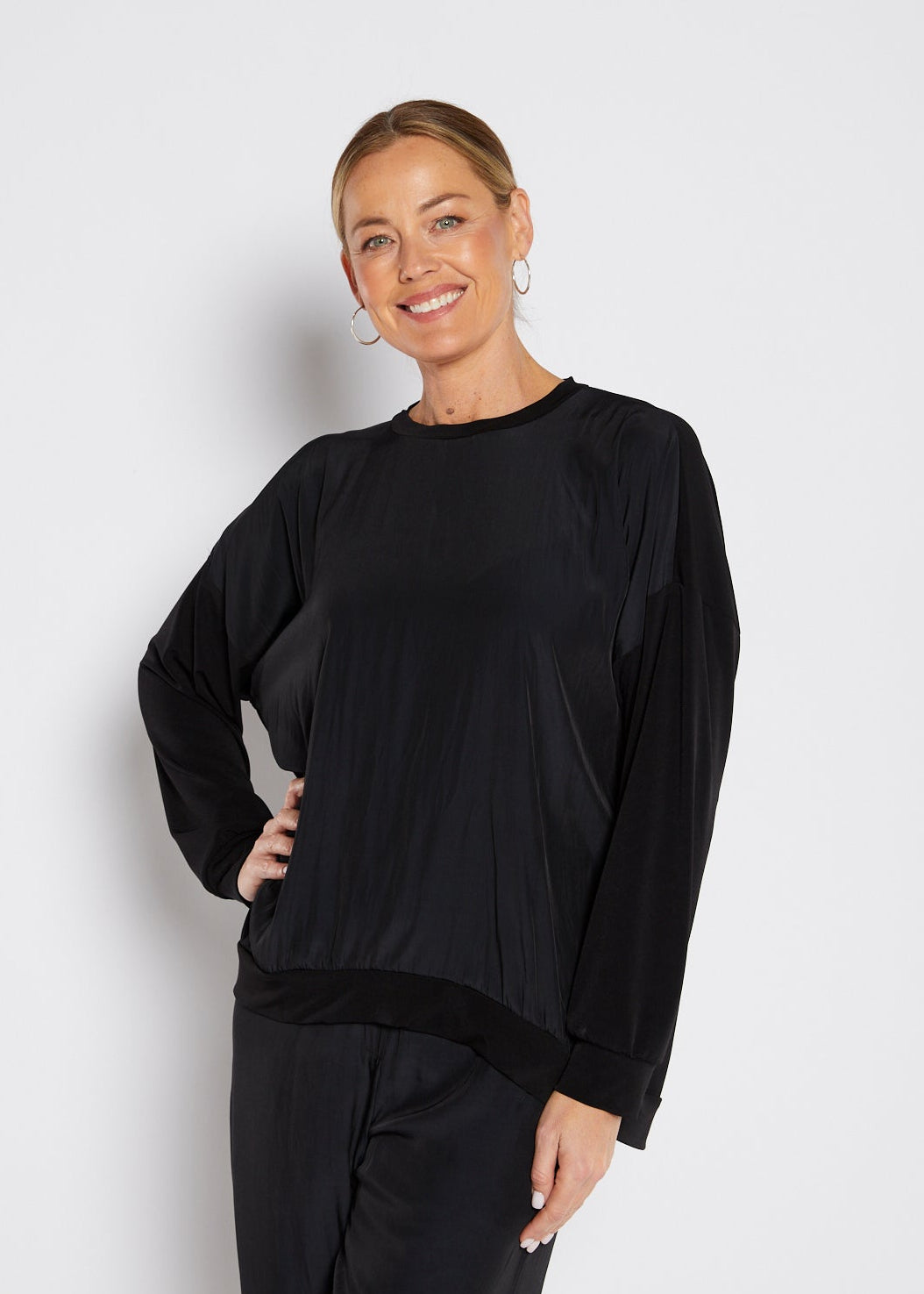 Carriage Foundation & Lustre spliced long sleeve top in black, slow fashion made in Australia by Philosophy Australia