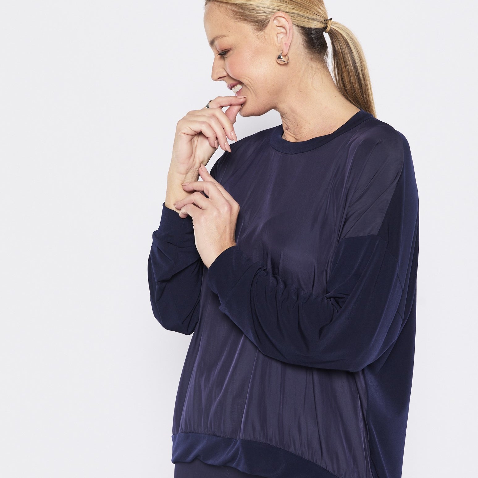 Carriage Foundation & Lustre spliced long sleeve top in navy, slow fashion made in Australia by Philosophy Australia