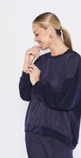 Carriage Foundation & Lustre spliced long sleeve top in navy, slow fashion made in Australia by Philosophy Australia