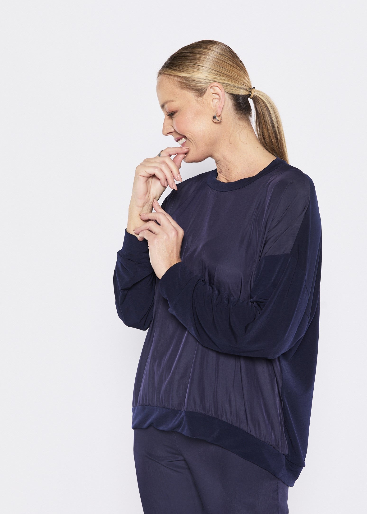 Carriage Foundation & Lustre spliced long sleeve top in navy, slow fashion made in Australia by Philosophy Australia