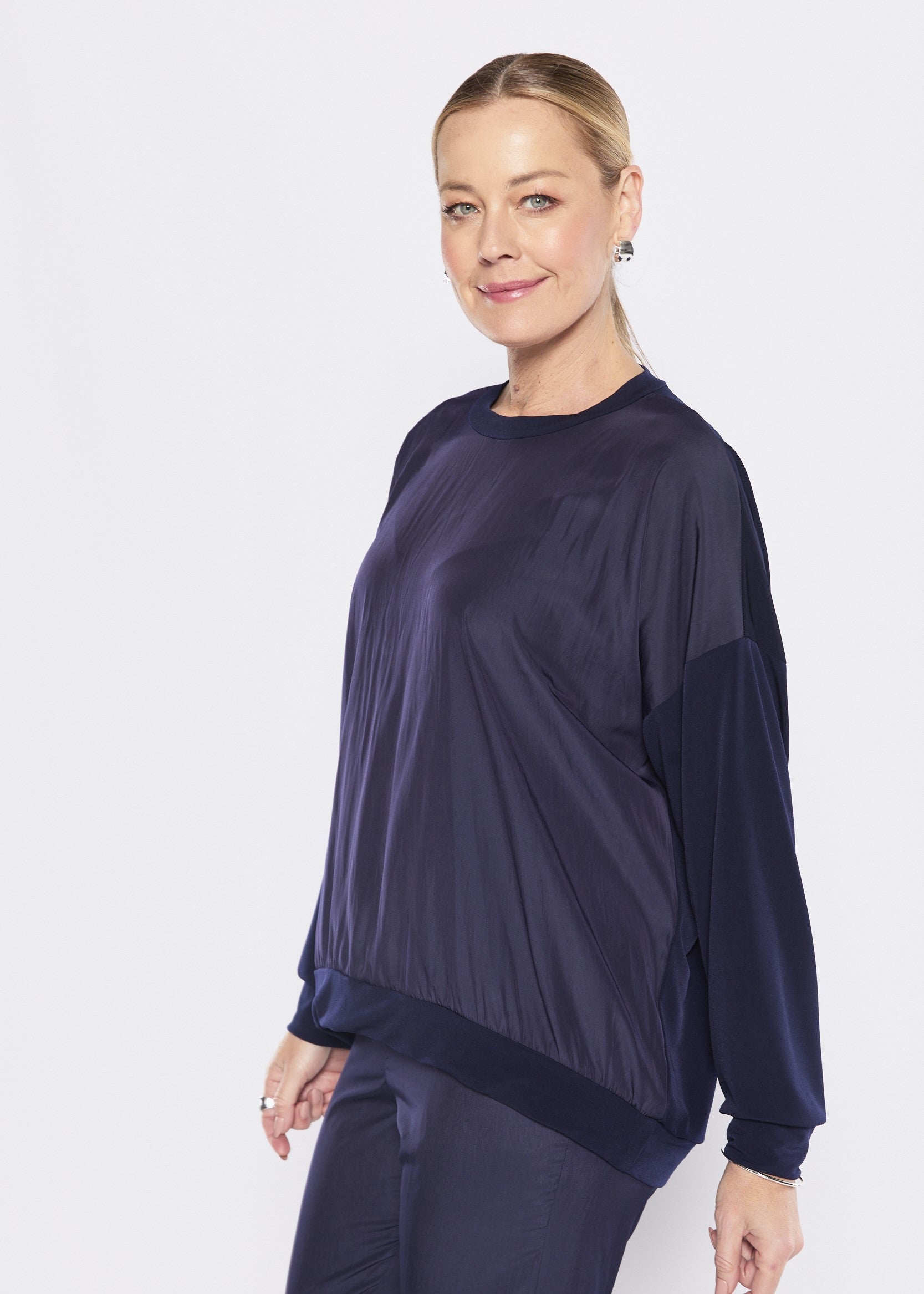 Carriage Foundation & Lustre spliced long sleeve top in navy, slow fashion made in Australia by Philosophy Australia