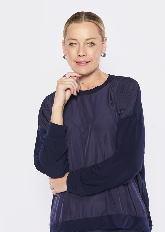 Carriage Foundation & Lustre spliced long sleeve top in navy, slow fashion made in Australia by Philosophy Australia