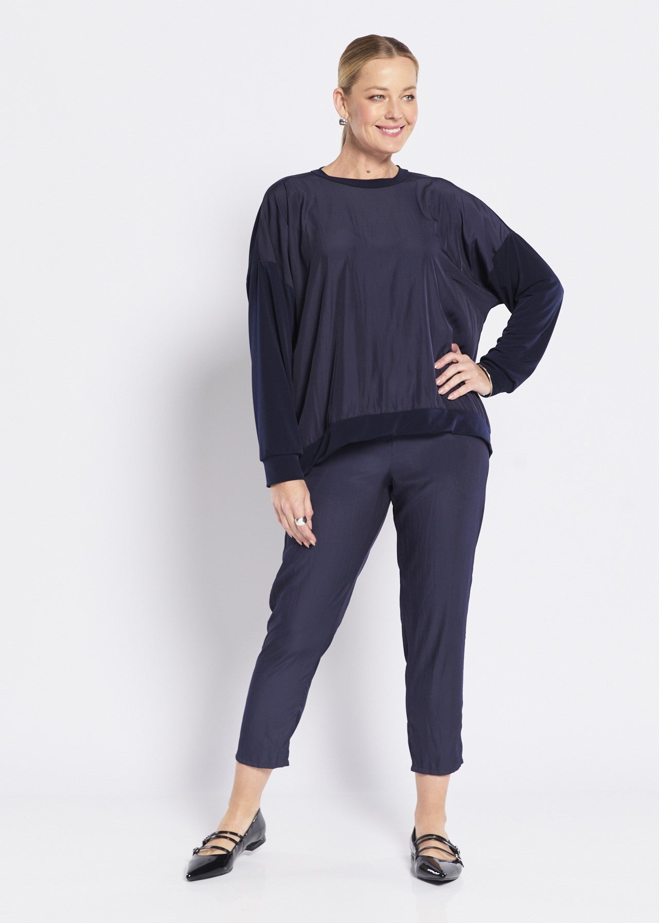 Carriage Foundation & Lustre spliced long sleeve top in navy, slow fashion made in Australia by Philosophy Australia