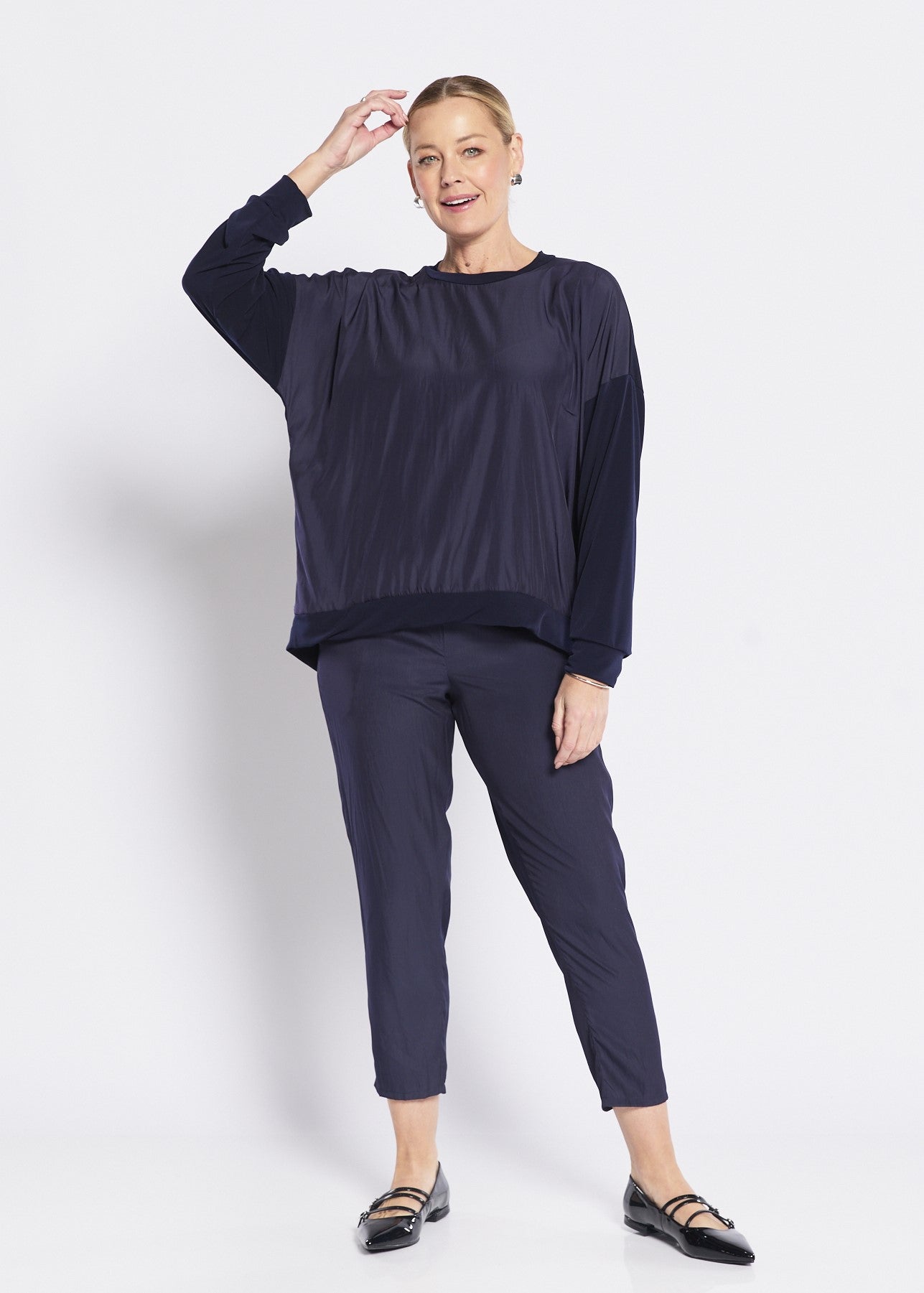 Carriage Foundation & Lustre spliced long sleeve top in navy, slow fashion made in Australia by Philosophy Australia