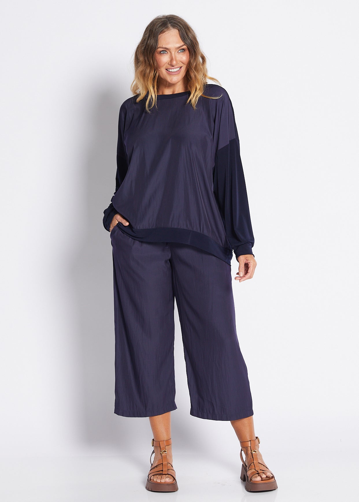 Spliced Jersey and Silky Long Sleeve Top in Navy