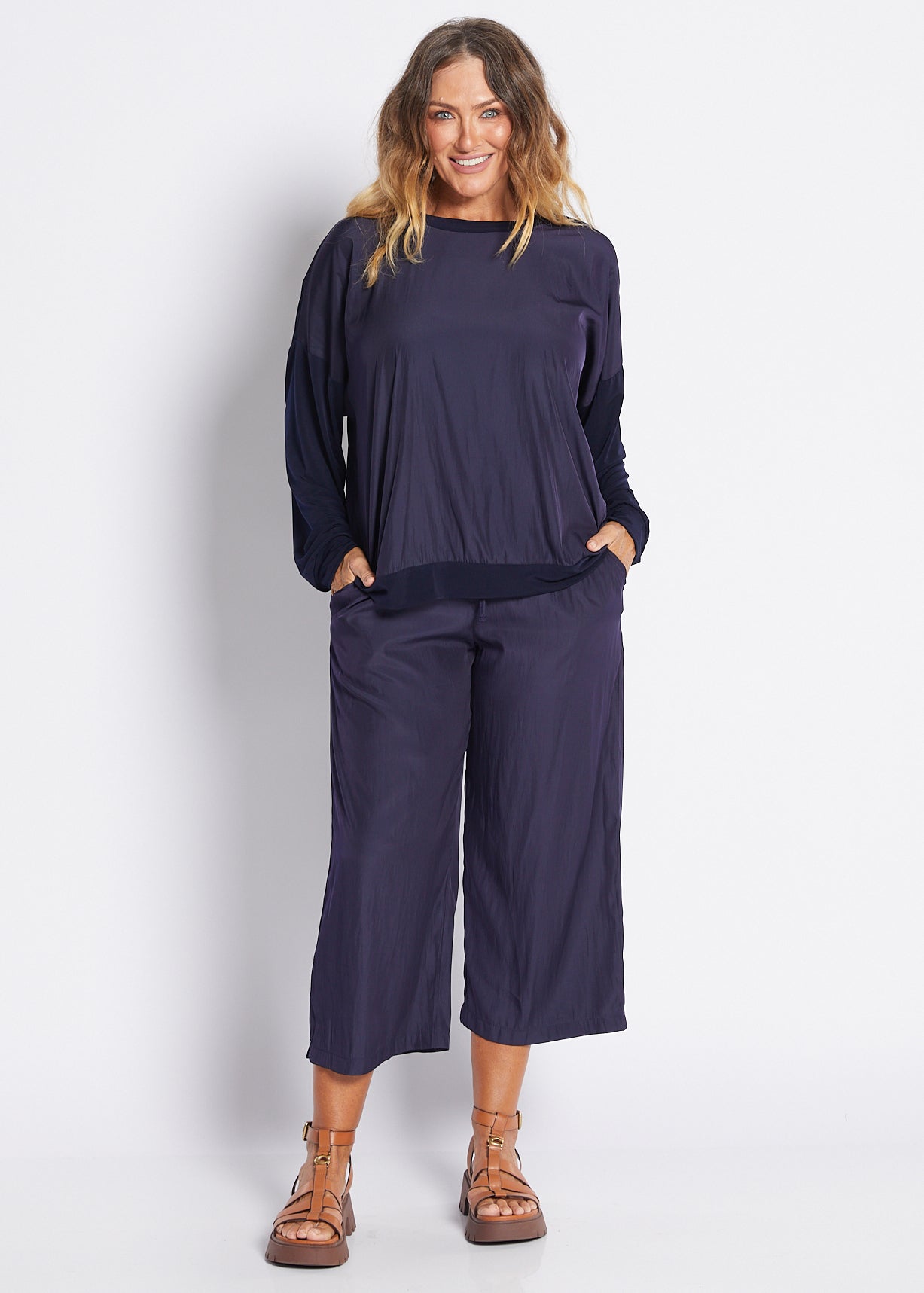 Spliced Jersey and Silky Long Sleeve Top in Navy