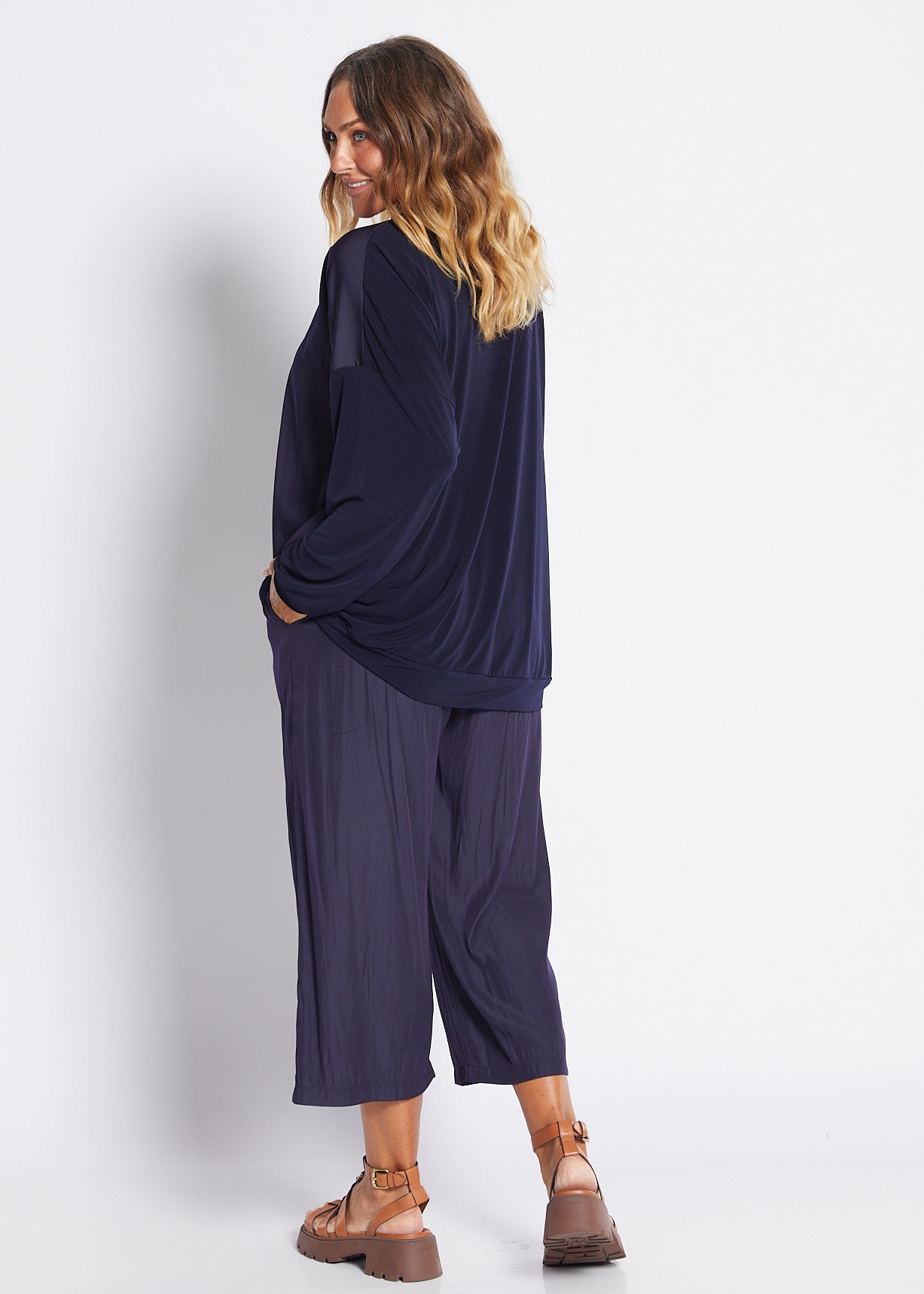 Spliced Jersey and Silky Long Sleeve Top in Navy