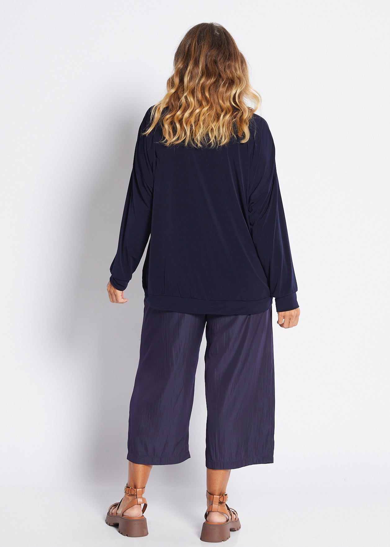 Spliced Jersey and Silky Long Sleeve Top in Navy