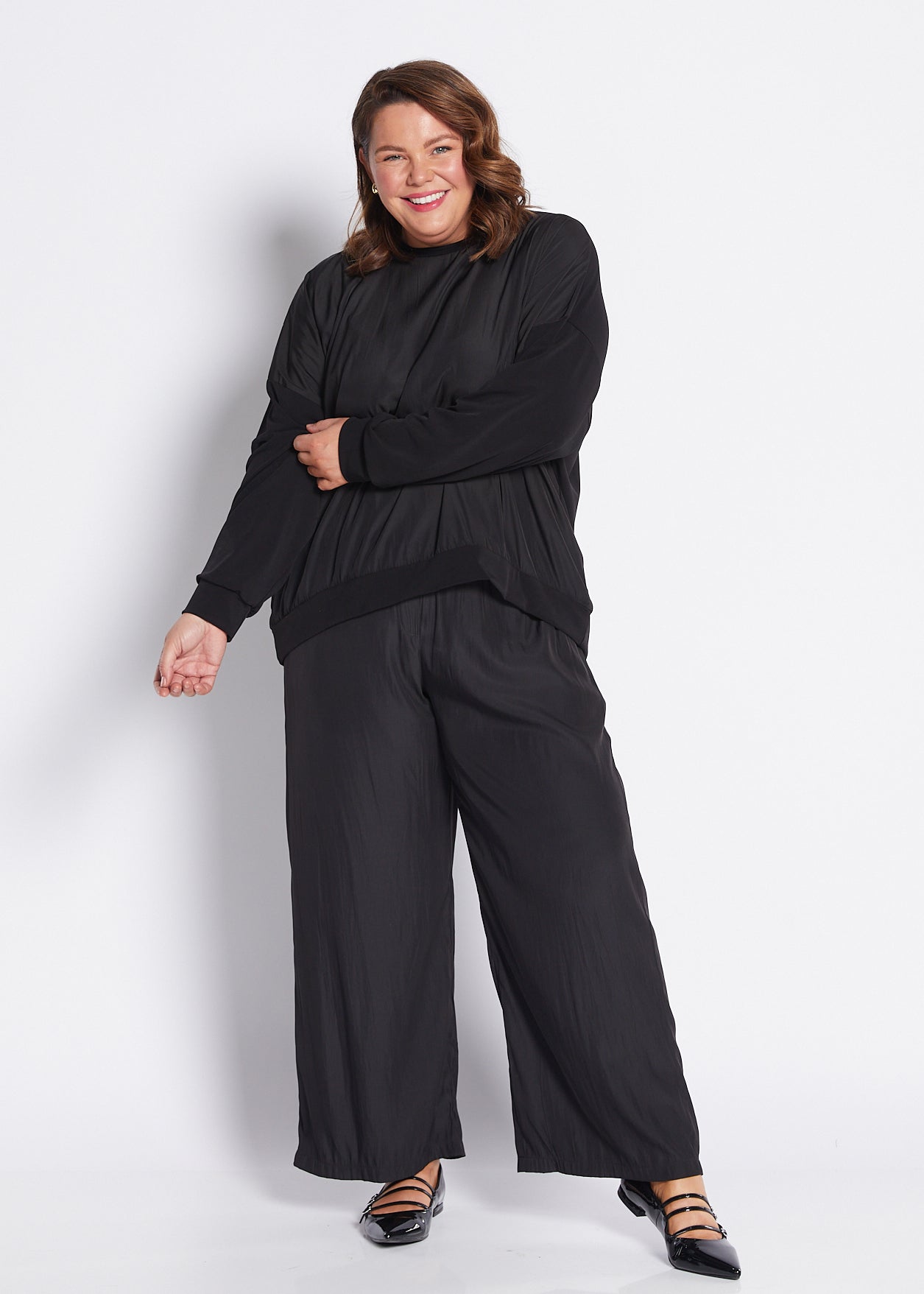 Jersey and Silky Long Sleeve Spliced Top in Black