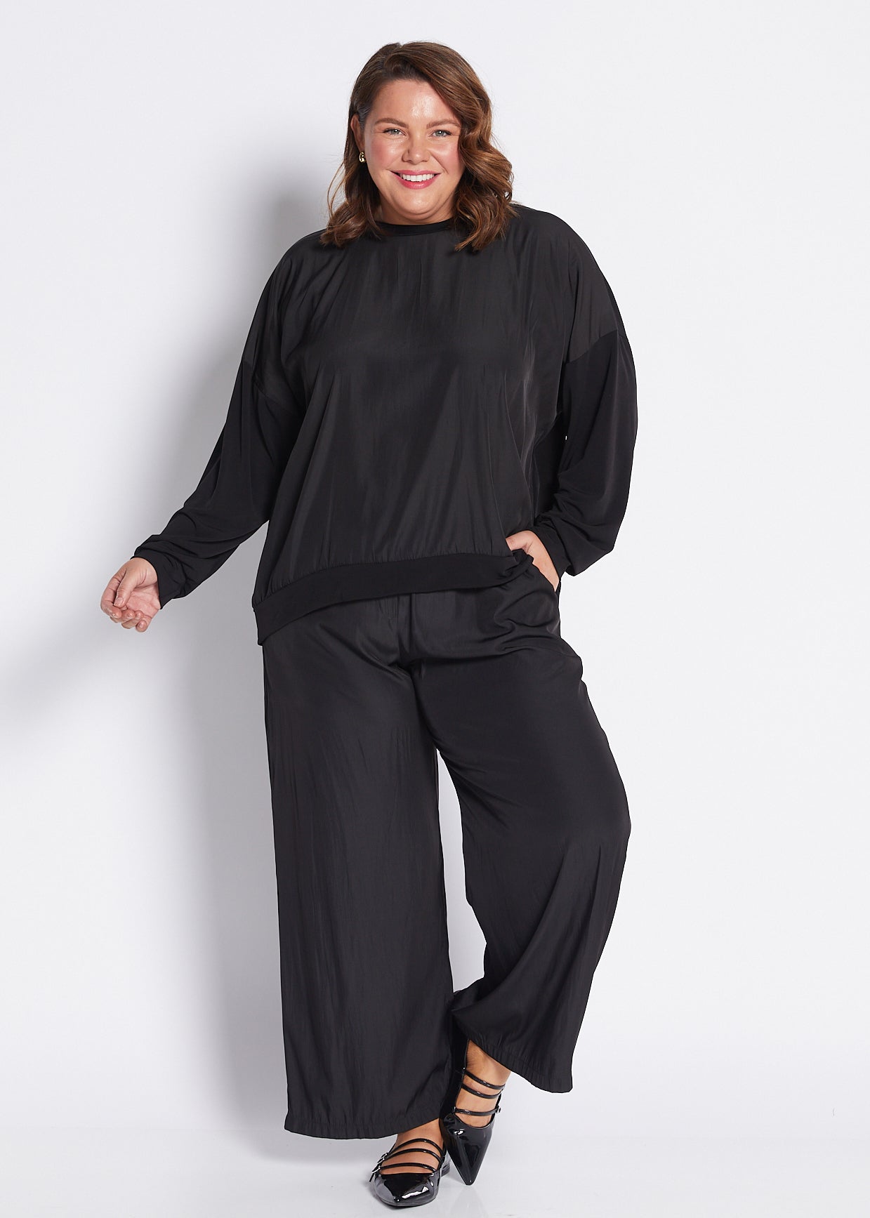 Jersey and Silky Long Sleeve Spliced Top in Black