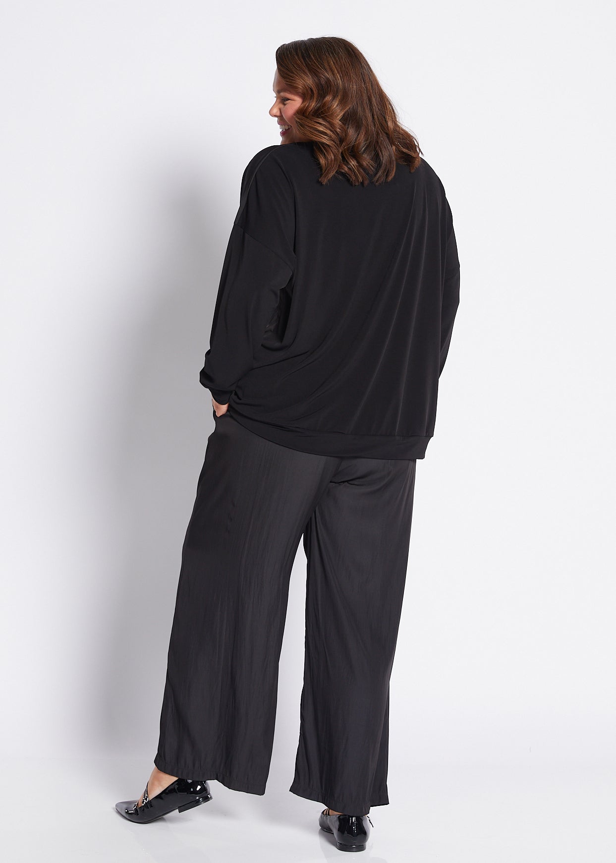 Jersey and Silky Long Sleeve Spliced Top in Black
