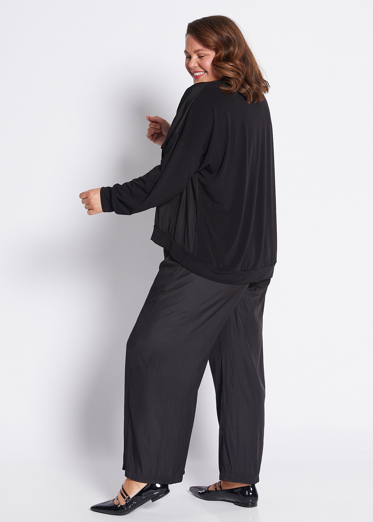 Jersey and Silky Long Sleeve Spliced Top in Black